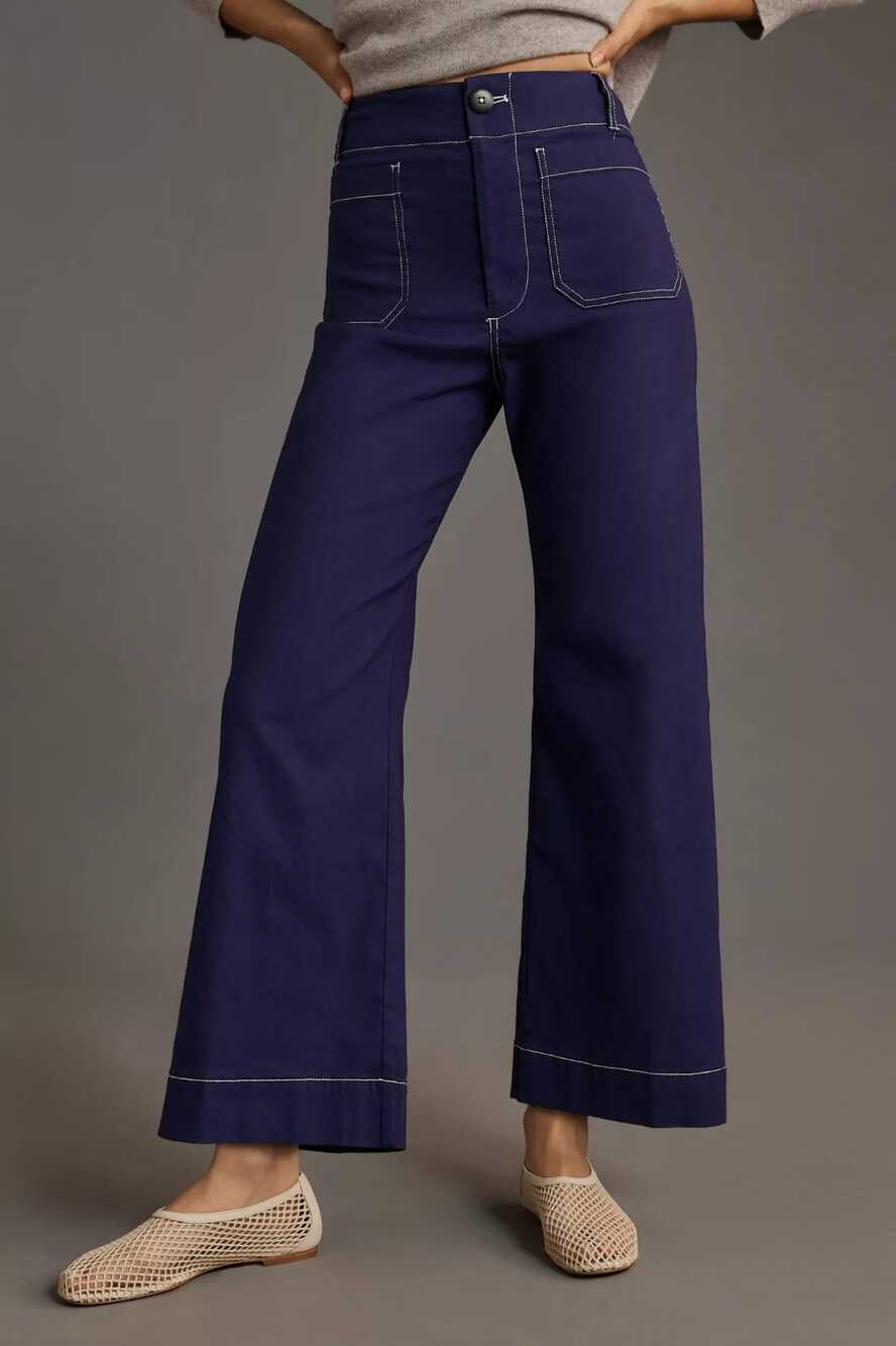 Anthropologie Maeve Colette Contrast Stitch Crop Wide Leg Pants Navy Size 26P
